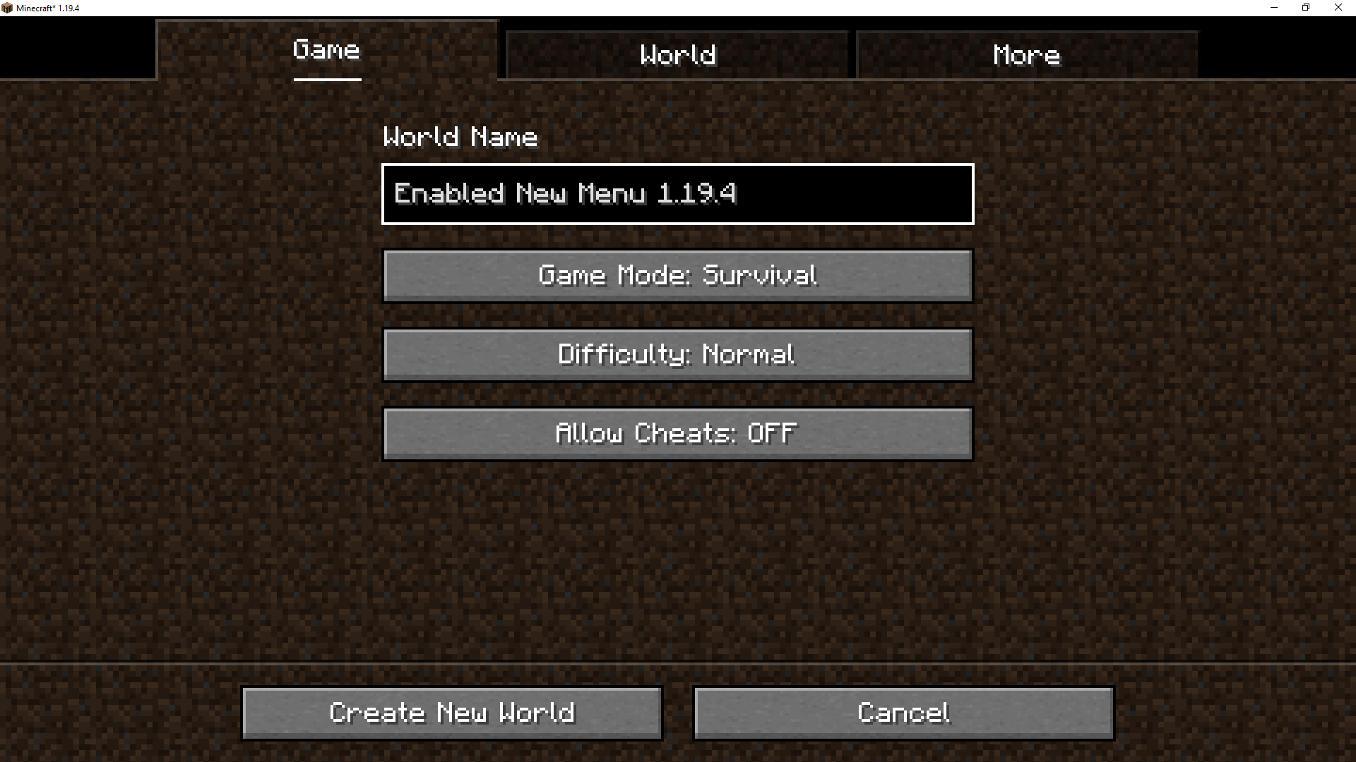 Disable New Create World Menu - Fabric